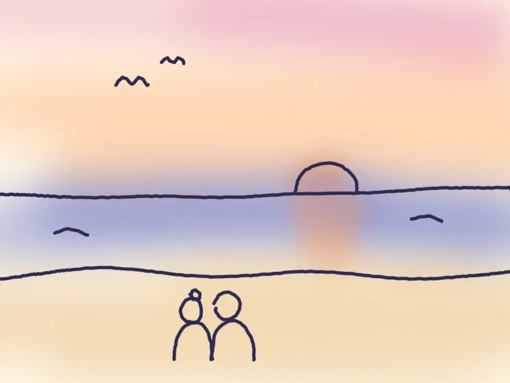 「海に日が沈んだ夕暮れ」の絵