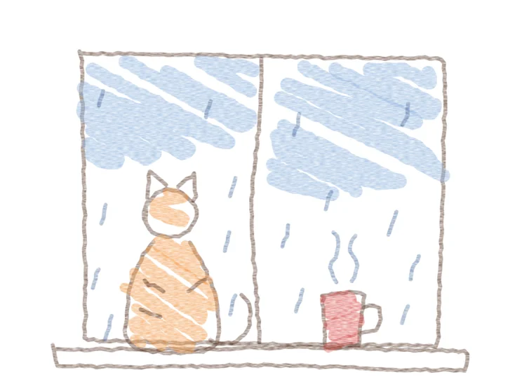 「雨の日、窓辺のボリ」の絵